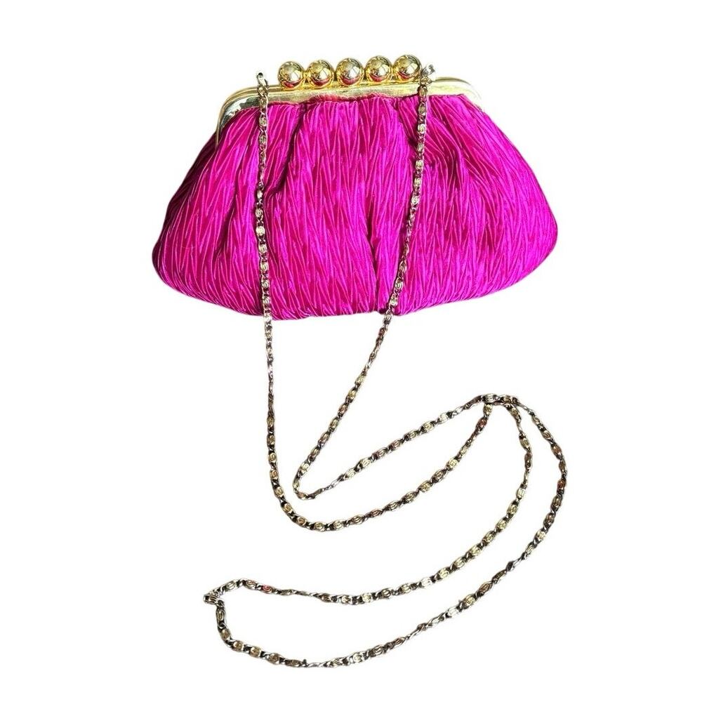 Fuschia Pink Pleated clutch with gold chain